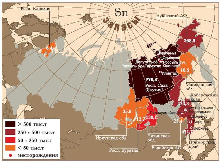 Карта месторождений олова